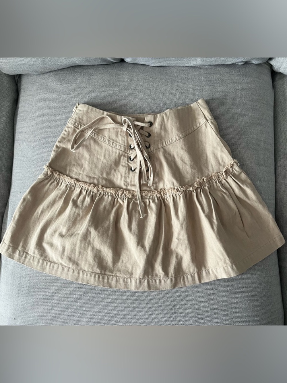 Free People Khaki Denim Skirt with Lace up Back
